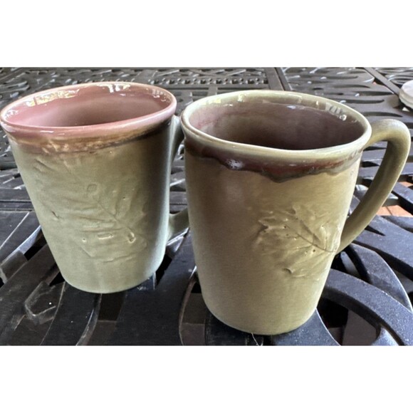 Art Pottery Green/Brown/Mauve Glaze Handcrafted Ceramic Mugs Set of 2 Leaves - Picture 1 of 8